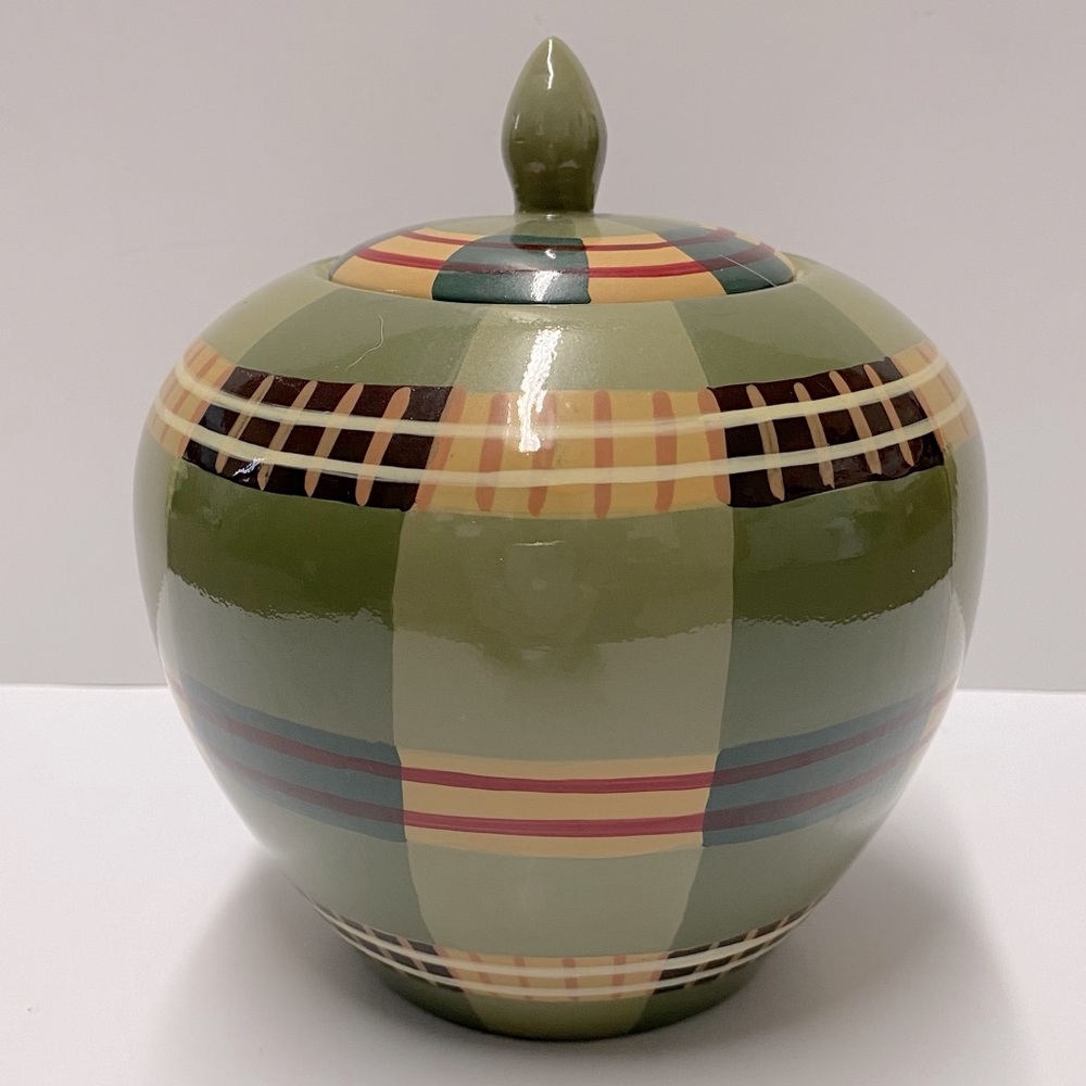 Green Plaid Ginger Jar Vase Home Decor - Picture 3 of 6